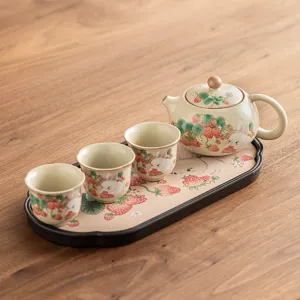 Strawberry rabbit Ru kiln teapot ceramic kung fu tea set with one pot and three cups home