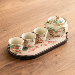 Chinese Ceramic Kung Fu Tea Set Ru Kiln Hand Grip Teapot With Cups And Tray Strawberry Rabbit Cute Home Drinkware Gift