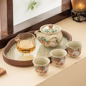 Strawberry Rabbit Ru Kiln Kung Fu Tea Set Ceramic Teapot with Three Cups for Home Use