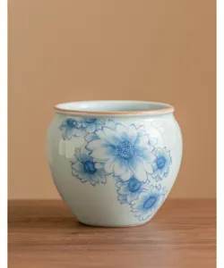 Pot à dechets de thé en céramique bleu et blanc accessoire de service à thé chinois