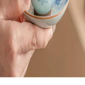 Traditional blue and white porcelain tea cup and saucer set, elegant ceramic Kung Fu tea ware detail view.