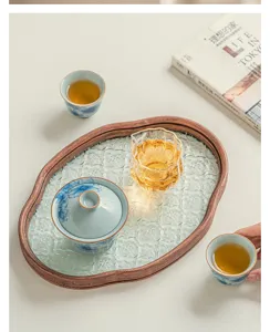 Chinese ceramic tea set blue and white porcelain gaiwan kung fu tea cup with glass tray