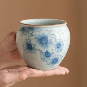 Bol à résidus de thé en céramique bleu et blanc avec motif tournesol, service à thé.