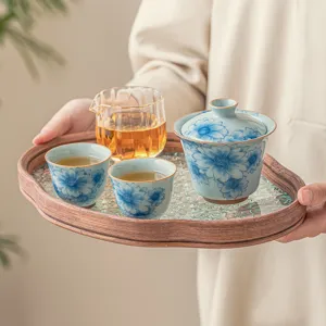 Blue and white sunflower ceramic kung fu tea set with glass tea tray, 1 pot 2 cups.