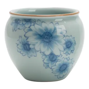 Bol de dechet de the en ceramique chinoise celadon lave-the motif floral bleu et blanc