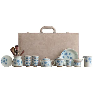 Blau-weißes Keramik Kung Fu Tee-Set mit Teekanne, Tassen und Aufbewahrungsbox Geschenk.