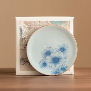 Sottobicchiere da Tè Girasole in Porcellana Blu e Bianca Ceramica Stile Cinese Retro Tappetino da Tè Portatazza Accessori da Tè Scatola Regalo