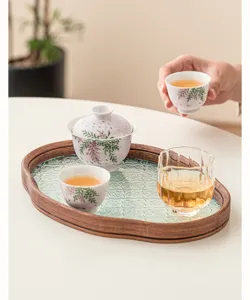 Hand-painted wisteria ceramic kung fu tea set with wooden tea tray for home use.