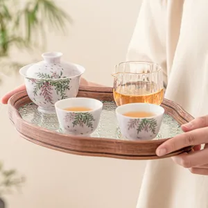 Hand-painted wisteria kung fu tea set with glass tray, ceramic gaiwan and cups for home.