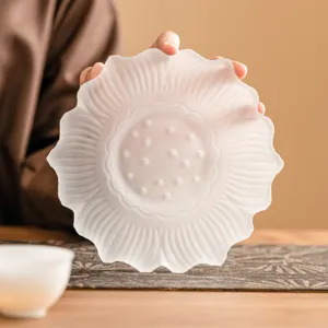 Chinese Style Frosted Heat Resistant Glass Lotus Teapot Stand Creative Decorative Tea Tray Under Base For Home Kitchen Dessert Fruit Plate