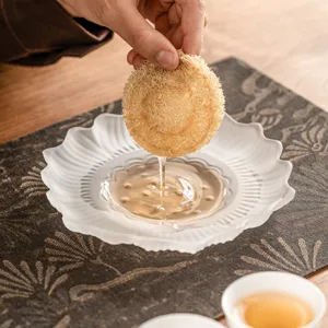 Frosted glazed lotus flower glass teapot tray, elegant dry brewing table tea plate base for home.