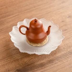 Frosted glazed lotus leaf tea pot holder, creative ceramic tray base for home tea set service.