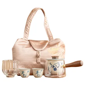 Portable kung fu tea set with panda glass teapot, two ceramic cups and nice storage bag.