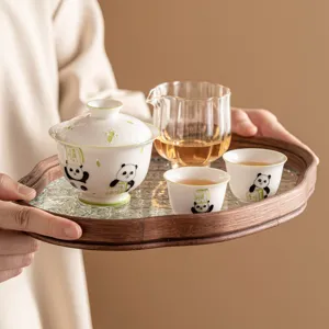 Hand Painted Relief Panda Ceramic Kung Fu Tea Set With Gaiwan Teacups Glass Tray For Home Dining