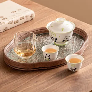 Hand-painted panda ceramic tea set with glass fair cup, 2 tea cups and wood tray.