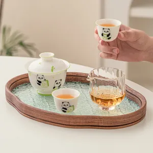 Panda ceramic tea set kung fu gaiwan cup with glass pitcher and wooden tray for home tea ceremony