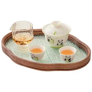 Panda Theme Kung Fu Tea Set Ceramic Gaiwan Teacups and Glass Fairness Cup Tray
