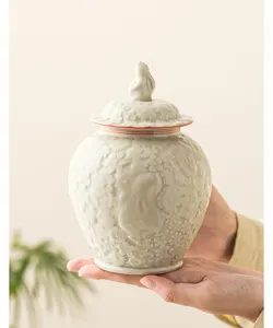 Pot à thé en céramique peint à la main, relief de lapin, contenant de stockage étanche.