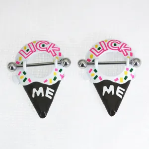 316L Stainless Steel Nipple Piercing Ring Punk Ice Cream Shape Rhinestone Body Jewelry LICK ME Letter Inlaid Nipple Studs For Women Men