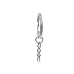 Close-up detail view of silver stainless steel double loop keychain with attached short chain