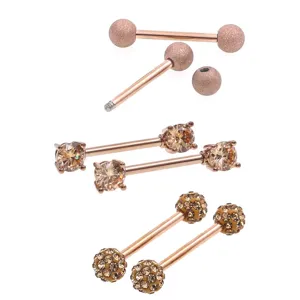 Rose gold tone body piercing straight barbell set with matte balls and crystal stones.