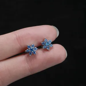 Stainless steel blue crystal flower dermal anchor piercing jewelry detailed view