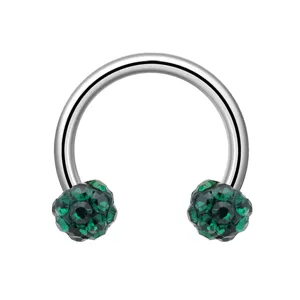 Anneau de piercing fer à cheval en acier inoxydable avec boules en cristal vert pour bijoux.
