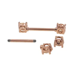 Detailed view of rose gold body piercing barbell with sparkling square zirconia stone ends.