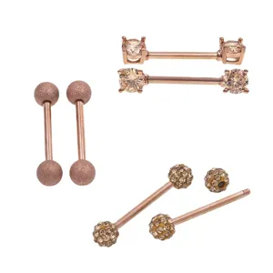 Rose gold straight barbell nipple rings with crystal zirconia and frosted ball jewelry