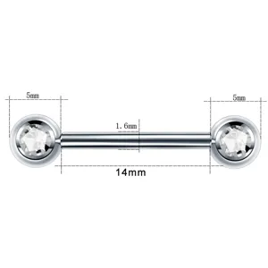 Stainless steel CZ tongue nipple piercing barbell body jewelry 1.6x14mm clear crystal