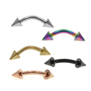 Stainless steel curved barbell eyebrow ring body piercing jewelry set with cone ends.