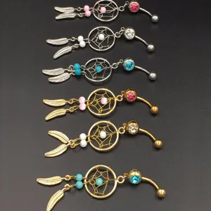 Bohemian Dreamcatcher Dangle Belly Button Ring 316L Stainless Steel Navel Piercing Jewelry With Rhinestone Leaf Charm For Women