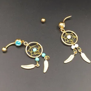 Fashion dreamcatcher belly button ring with leaf dangles, stylish body piercing jewelry.