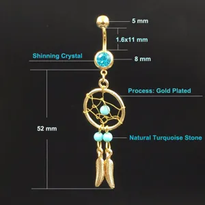 Detail view of the gold plated belly button ring featuring dreamcatcher design and turquoise.