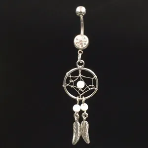 Silver stainless steel belly button ring with crystal dreamcatcher and feather dangling design.
