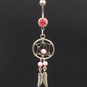 Chic dream catcher navel ring with pink crystal and feather dangle body piercing jewelry.