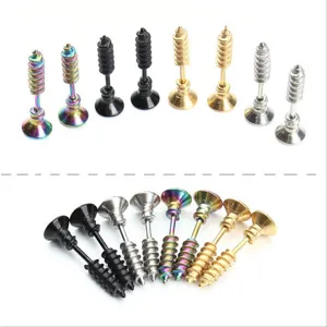 Stainless steel screw earrings and nipple rings detail view showing various stylish colors.