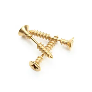 Minimalist stainless steel screw stud earrings in gold finish. Trendy punk personal jewelry.