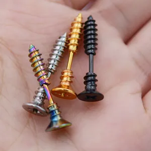 Stainless steel screw shape barbell earrings, punk body piercing jewelry detail view.