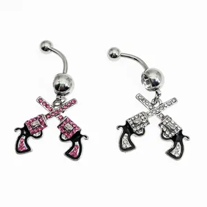 316L Stainless Steel Double Handgun Pendant Belly Button Ring Inlaid Rhinestone Punk Body Piercing Jewelry Unisex