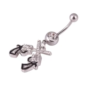 Rhinestone double gun belly button ring detail, stainless steel navel piercing jewelry