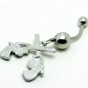 Stainless steel navel piercing with double pistol pendant, stylish body jewelry ring.