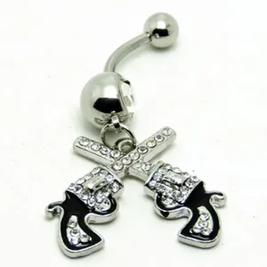 Stainless steel double pistol navel piercing ring with sparkling clear rhinestones for daily body jewelry fashion.