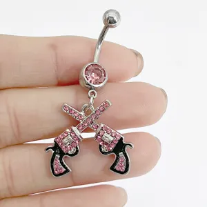 Stainless steel belly button ring featuring a sparkling rhinestone double pistol pendant detail.