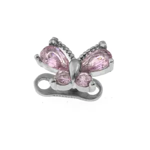 Stainless steel butterfly dermal anchor piercing jewelry detail view with pink cubic zirconia