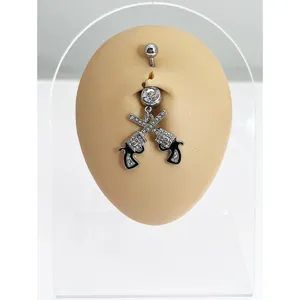 Stainless steel navel ring with rhinestone double pistol pendant, cool body piercing jewelry.