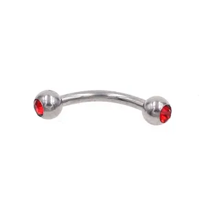 Stainless steel curved barbell eyebrow piercing ring with red sparkling gems for body jewelry