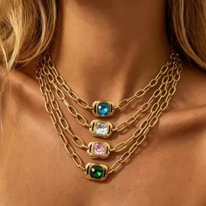 Minimalist Stainless Steel Pendant Necklace Real Gold Plated Square Glass Stone Choker Fashion Jewelry Gift For Women