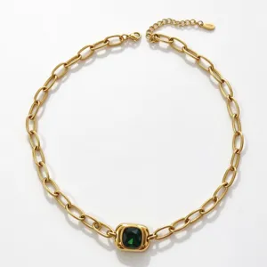 Chic stainless steel chunky chain necklace with green glass square pendant for women.