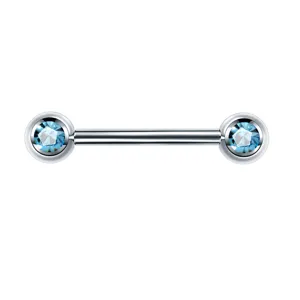 Stainless steel barbell tongue nipple piercing body jewelry with light blue CZ crystal stones.